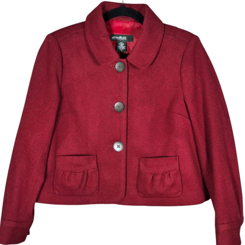 Eddie Bauer Wool Sweater Womens 4 Petite‎ Red Cardigan Blazer Jacket Lined